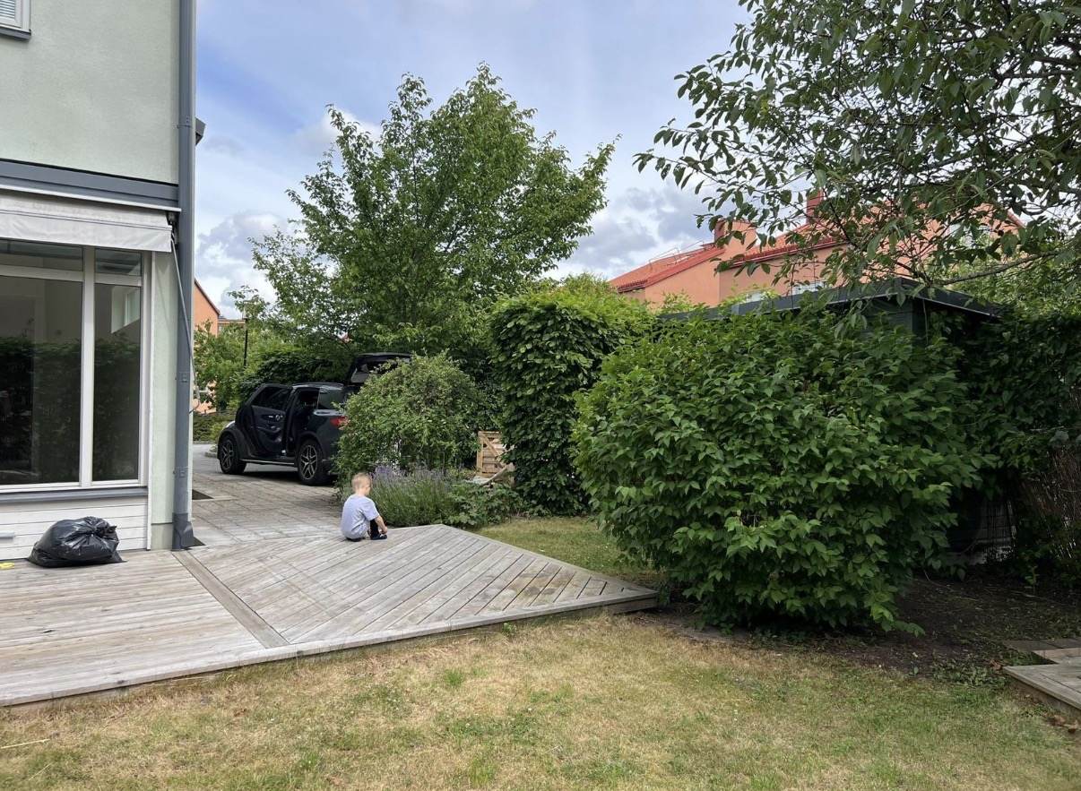 Innan: gammal trall, buskage och asfalterad uppfart